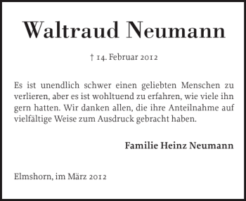 Traueranzeige von Waltraud Neumann von Elmshorner Nachrichten