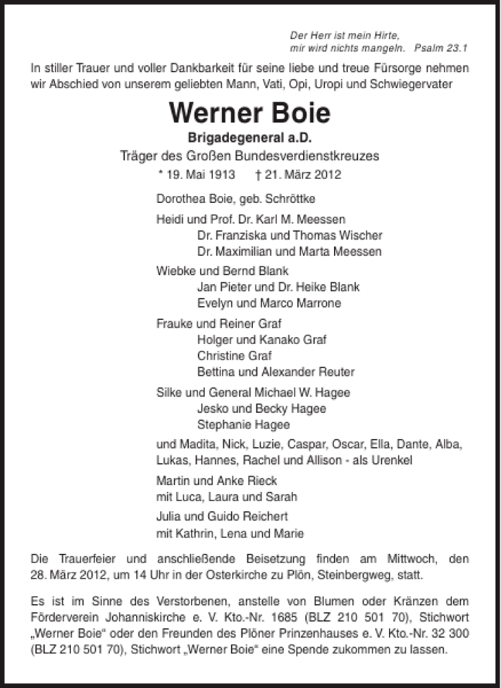 Traueranzeige für Werner Boie vom 27.03.2012 aus Ostholsteiner Anzeiger