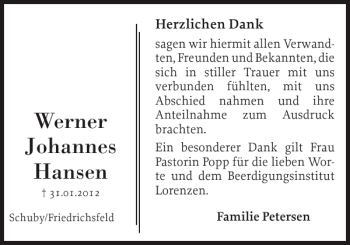 Traueranzeige von Werner Johannes Hansen von Schleswiger Nachrichten