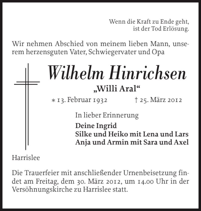  Traueranzeige für Wilhelm Hinrichsen vom 27.03.2012 aus Flensburger Tageblatt
