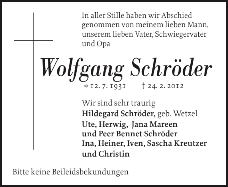  Traueranzeige für Wolfgang Schröder vom 10.03.2012 aus Landeszeitung