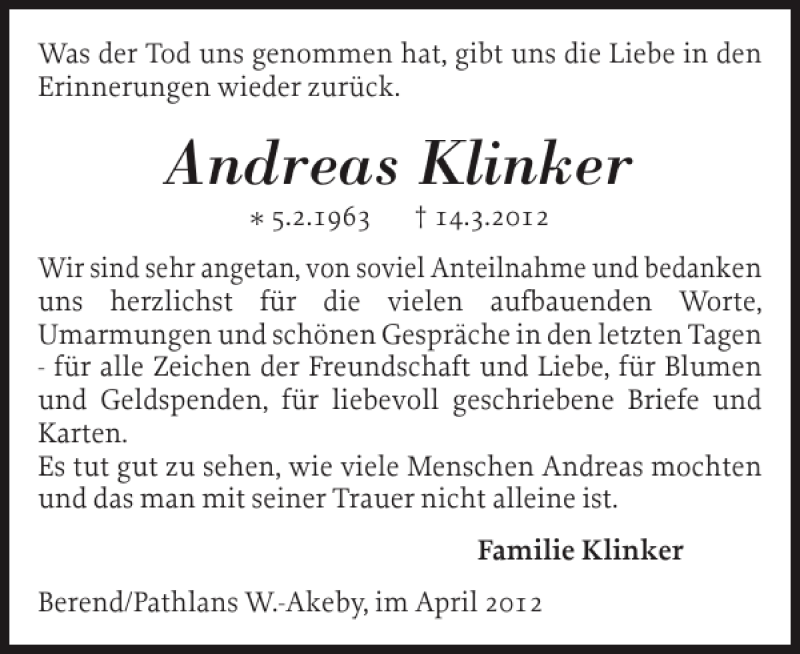 Traueranzeigen Von Andreas Klinker Sh Z Trauer