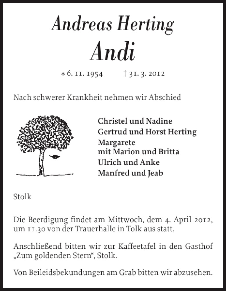  Traueranzeige für Andreas Herting Andi vom 02.04.2012 aus Schleswiger Nachrichten