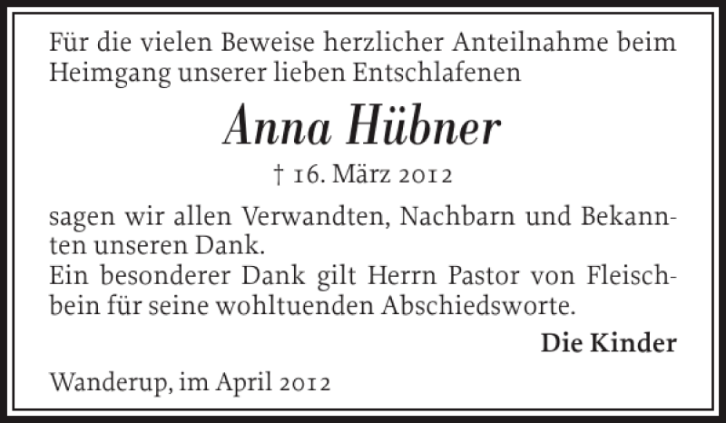  Traueranzeige für Anna Hübner vom 28.04.2012 aus Flensburger Tageblatt