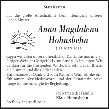 Traueranzeige von Anna Magdalena Hohnsbehn von Landeszeitung