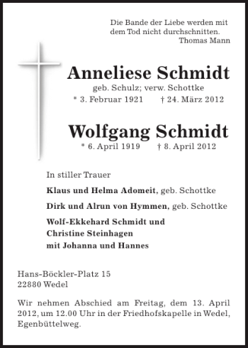 Traueranzeige von Anneliese Schmidt Wolfgang Schmidt von Pinneberger Tageblatt