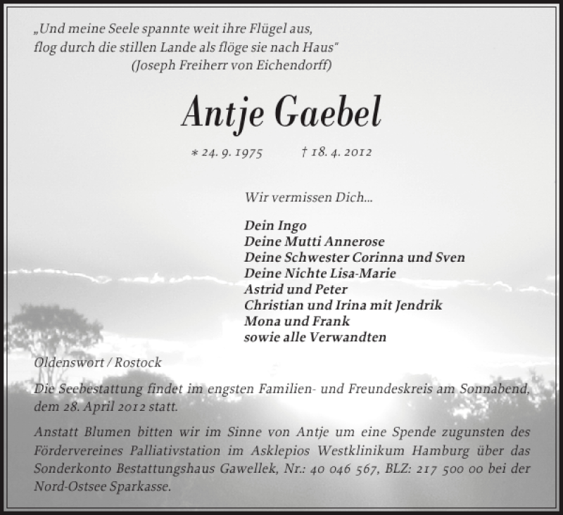  Traueranzeige für Antje Gaebel vom 25.04.2012 aus Husumer Nachrichten
