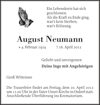 Traueranzeige von August Neumann von Eckernförder Zeitung