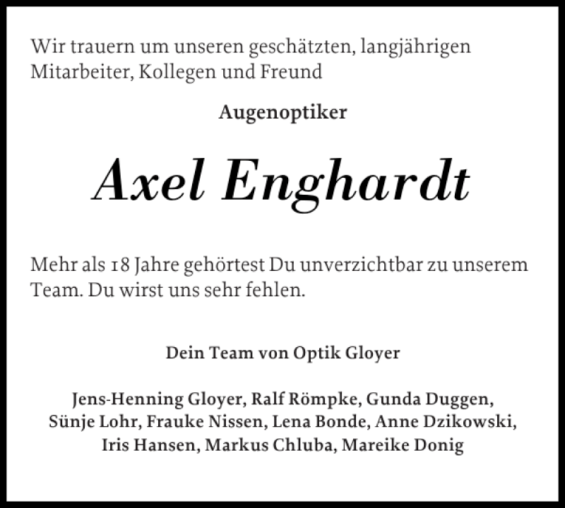 Traueranzeige für Axel Enghardt vom 07.04.2012 aus Flensburger Tageblatt
