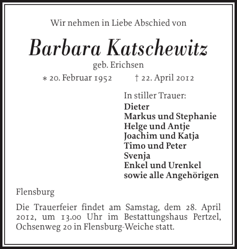 Traueranzeige für Barbara Katschewitz vom 25.04.2012 aus Flensburger Tageblatt