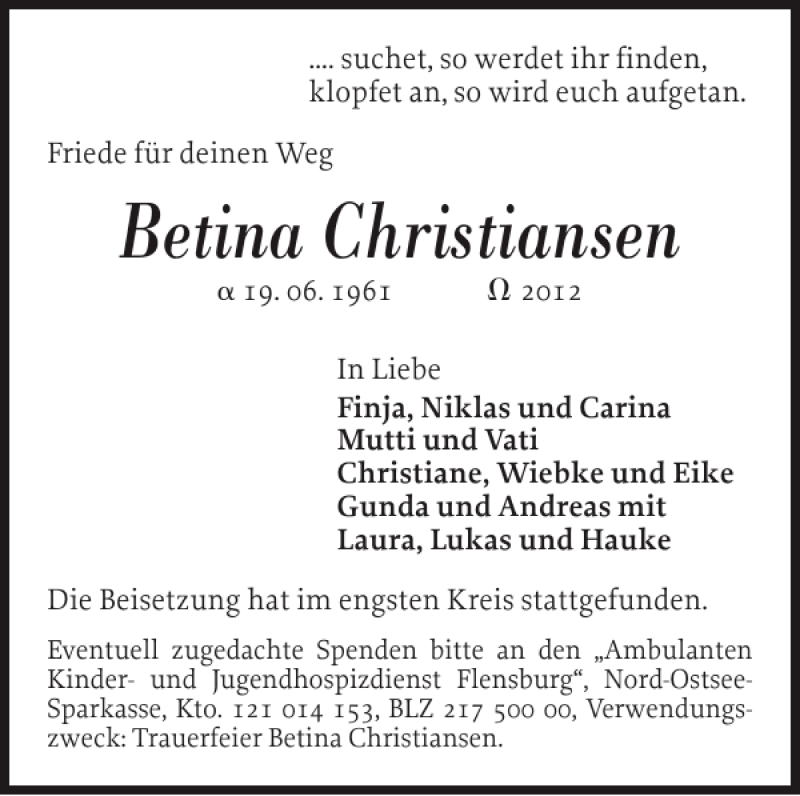  Traueranzeige für Betina Christiansen vom 25.04.2012 aus Flensburger Tageblatt