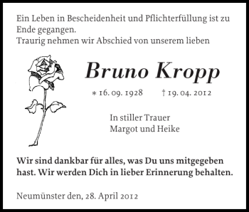Traueranzeige von Bruno Kropp von Holsteinischer Courier