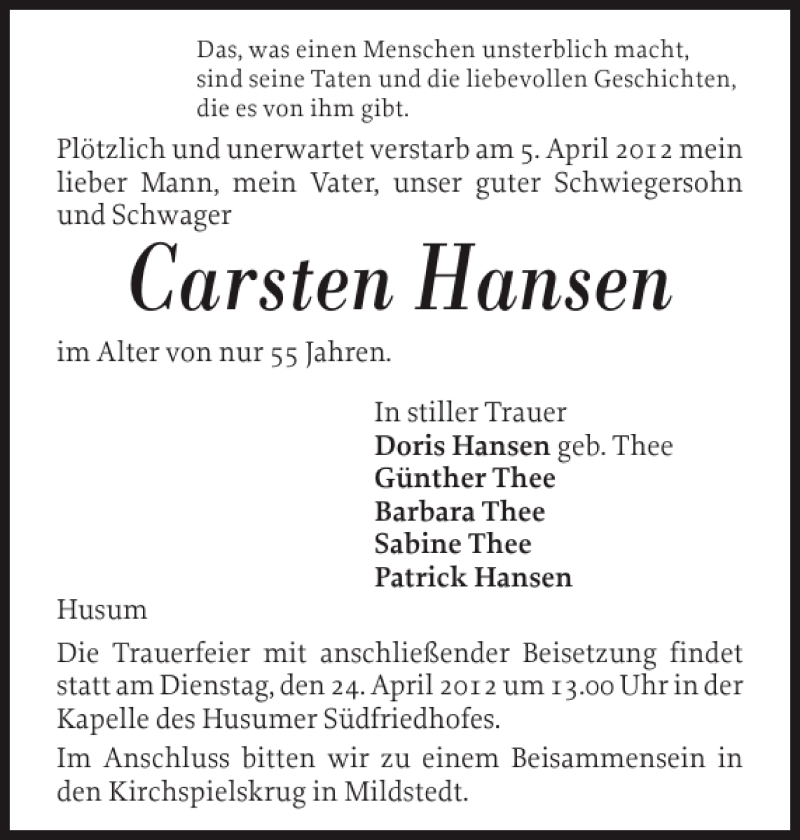  Traueranzeige für Carsten Hansen vom 21.04.2012 aus Husumer Nachrichten