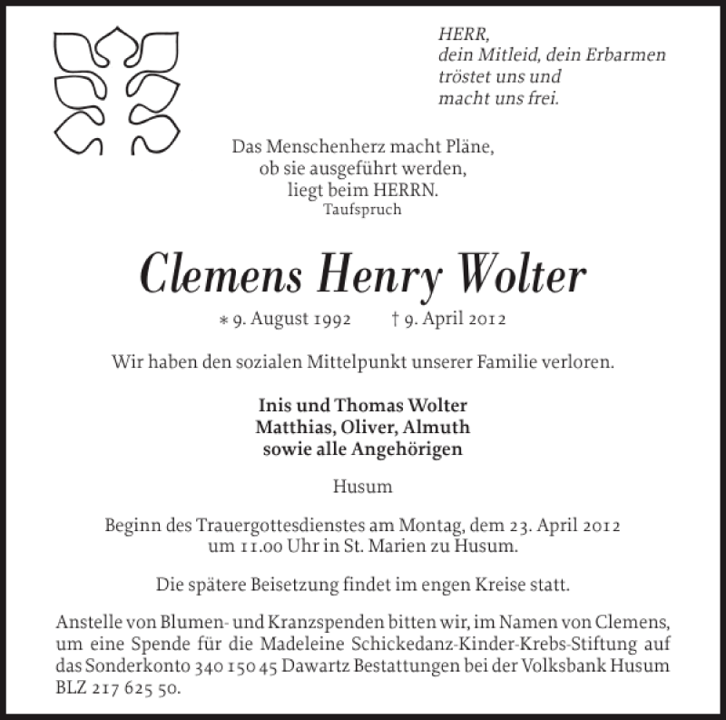  Traueranzeige für Clemens Henry Wolter vom 16.04.2012 aus Husumer Nachrichten