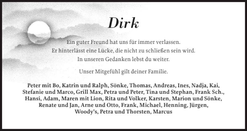  Traueranzeige für Dirk  vom 18.04.2012 aus Schleswiger Nachrichten
