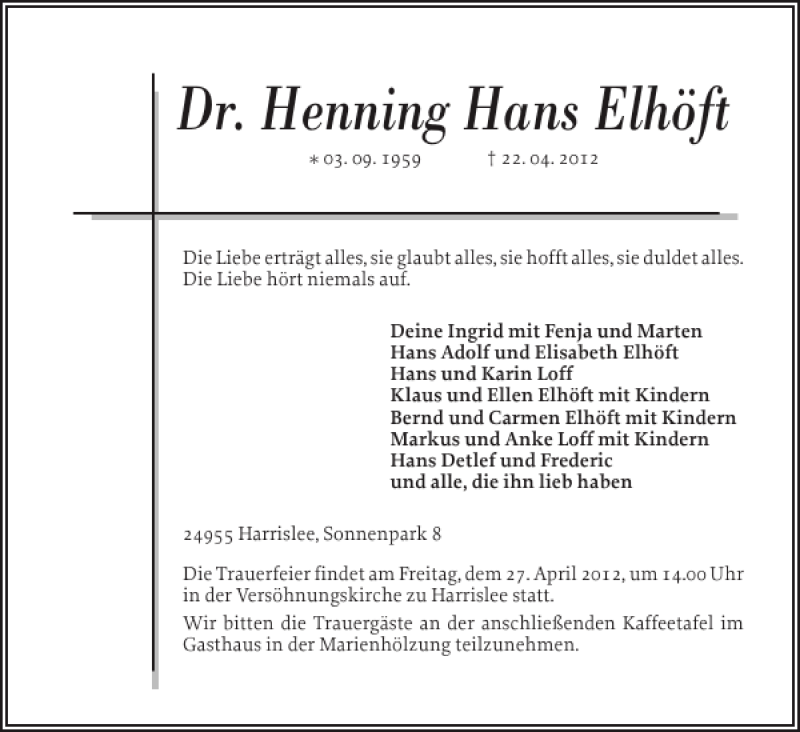  Traueranzeige für Dr. Henning Hans Elhöft vom 25.04.2012 aus Flensburger Tageblatt