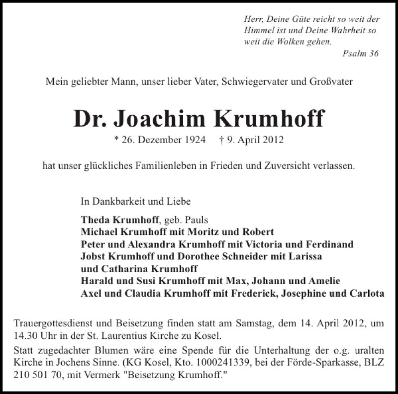  Traueranzeige für Dr. Joachim Krumhoff vom 13.04.2012 aus Eckernförder Zeitung