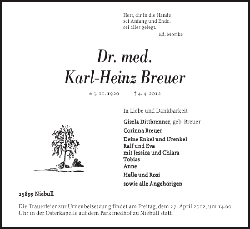  Traueranzeige für Dr. med.Karl-Heinz Breuer vom 12.04.2012 aus Nordfriesland Tageblatt