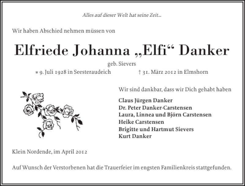  Traueranzeige für Elfriede Johanna Elfi Danker vom 07.04.2012 aus Elmshorner Nachrichten