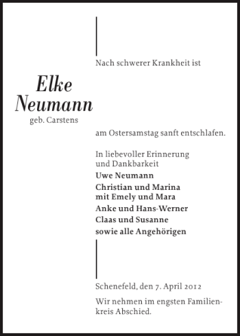 Traueranzeige von Elke Neumann von Norddeutsche Rundschau