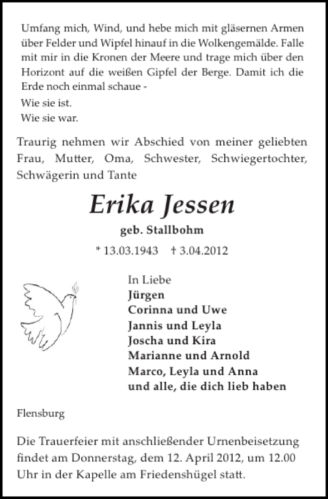  Traueranzeige für Erika Jessen vom 07.04.2012 aus Flensburger Tageblatt