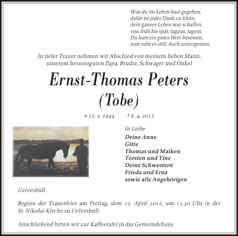  Traueranzeige für Ernst-Thomas Peters vom 11.04.2012 aus Husumer Nachrichten