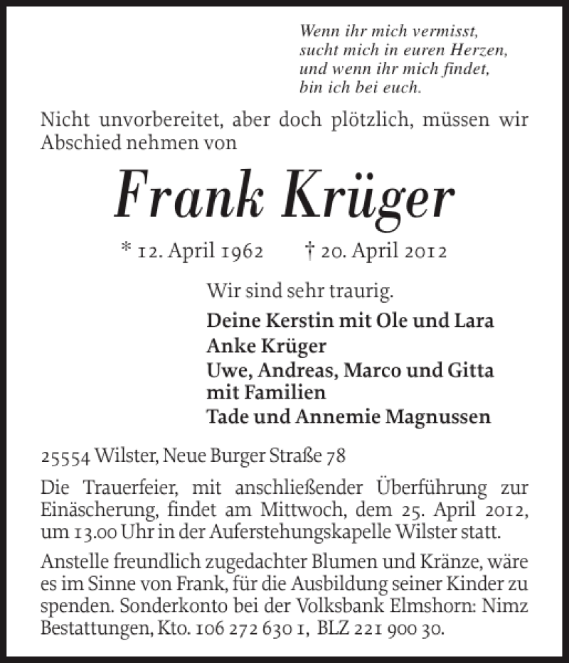  Traueranzeige für Frank Krüger vom 23.04.2012 aus Norddeutsche Rundschau