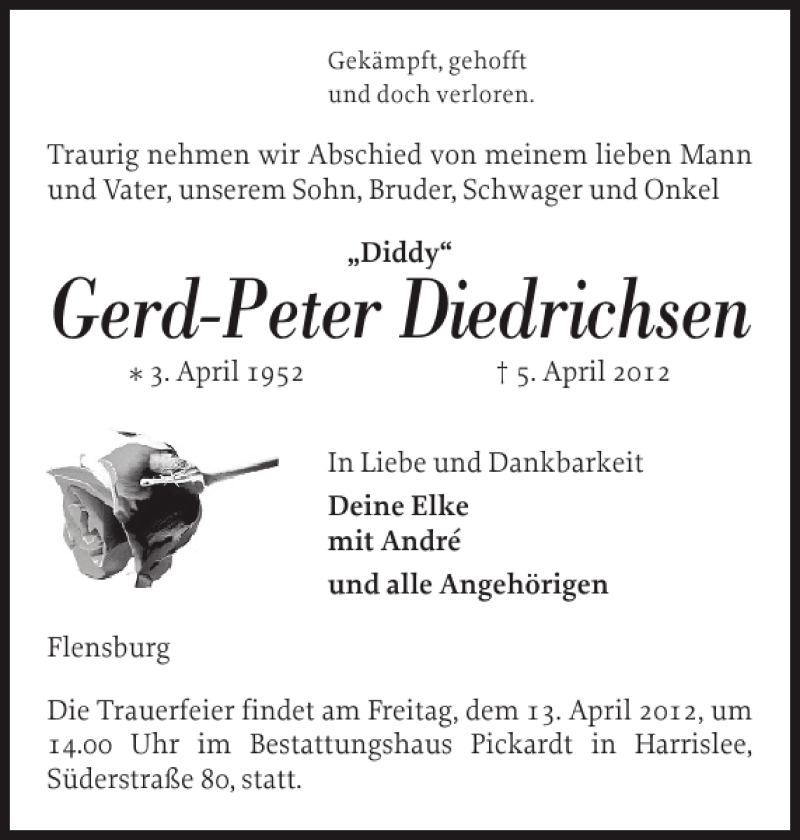  Traueranzeige für Gerd-Peter Diedrichsen vom 10.04.2012 aus Flensburger Tageblatt