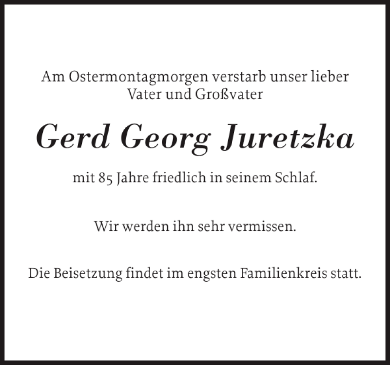  Traueranzeige für Gerd Georg Juretzka vom 11.04.2012 aus Eckernförder Zeitung