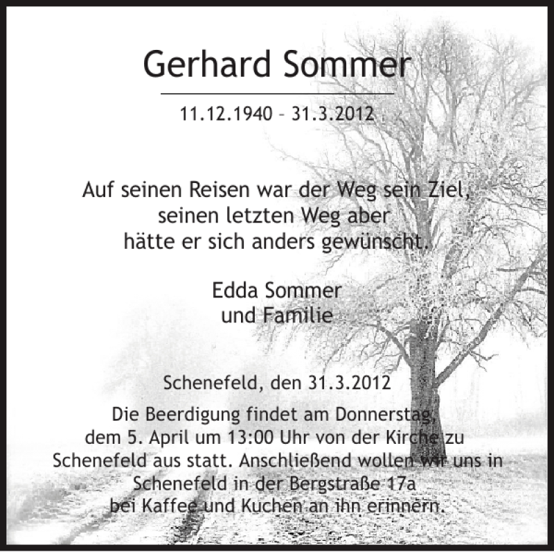  Traueranzeige für Gerhard Sommer vom 02.04.2012 aus Norddeutsche Rundschau