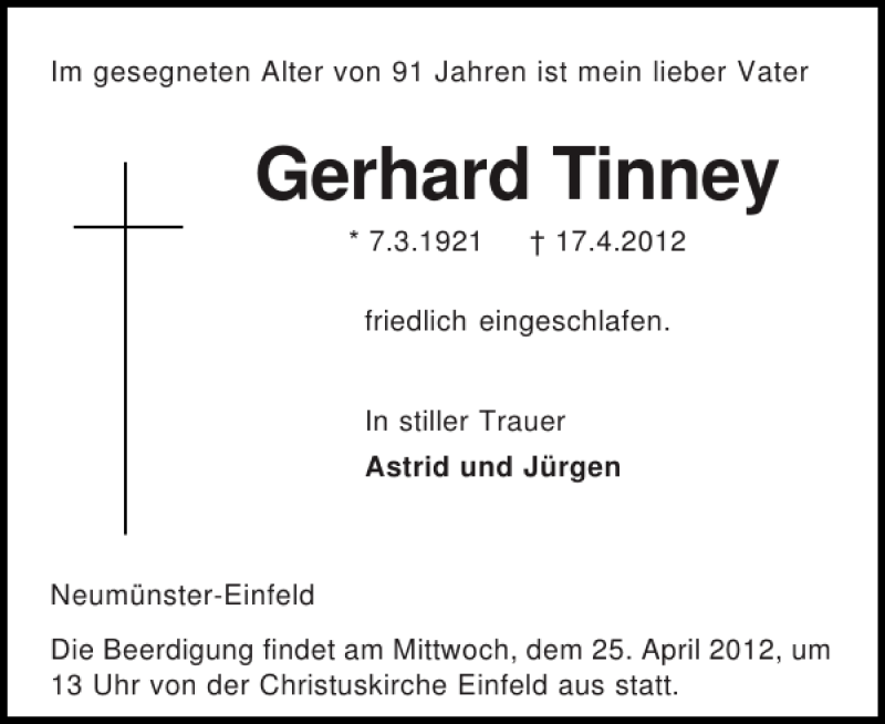  Traueranzeige für Gerhard Tinney vom 21.04.2012 aus Holsteinischer Courier
