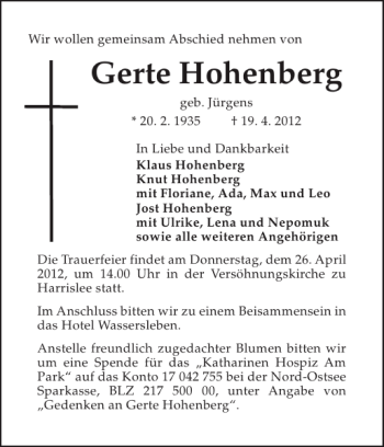 Traueranzeige von Gerte Hohenberg von Flensburger Tageblatt