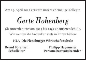 Traueranzeige von Gerte Hohenberg von Flensburger Tageblatt