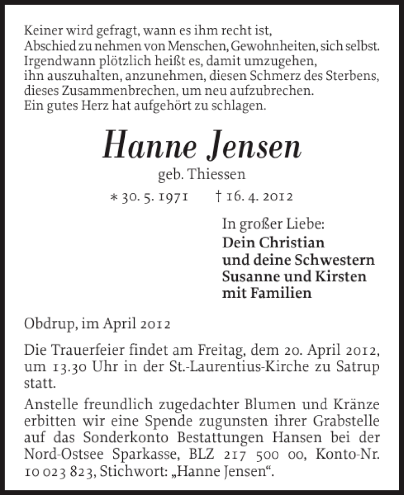  Traueranzeige für Hanne Jensen vom 19.04.2012 aus Flensburger Tageblatt