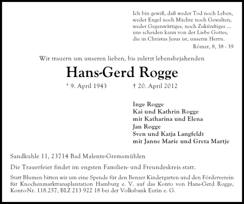  Traueranzeige für Hans-Gerd Rogge vom 25.04.2012 aus Ostholsteiner Anzeiger