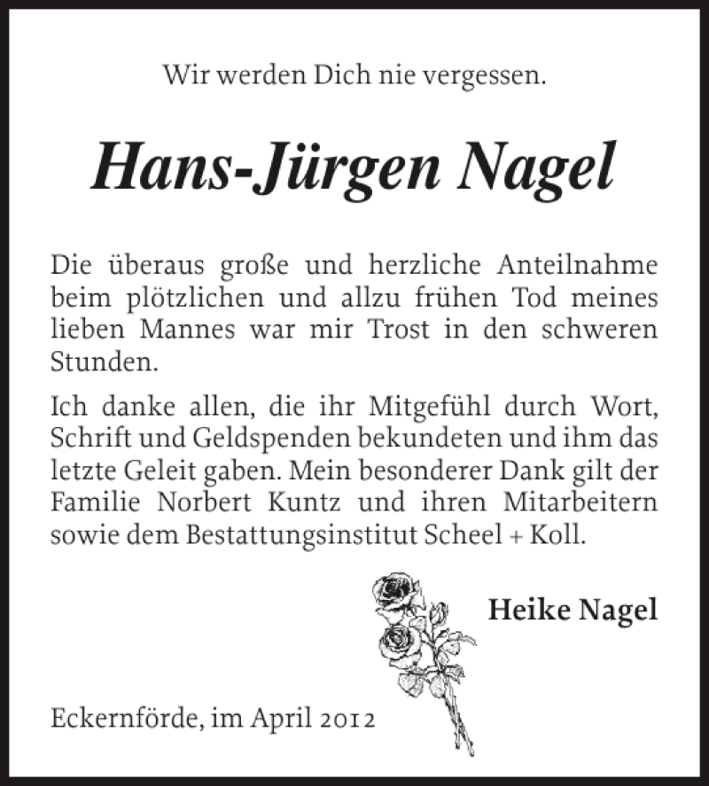  Traueranzeige für Hans-Jürgen Nagel vom 18.04.2012 aus Eckernförder Zeitung