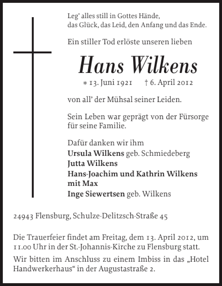  Traueranzeige für Hans Wilkens vom 10.04.2012 aus Flensburger Tageblatt