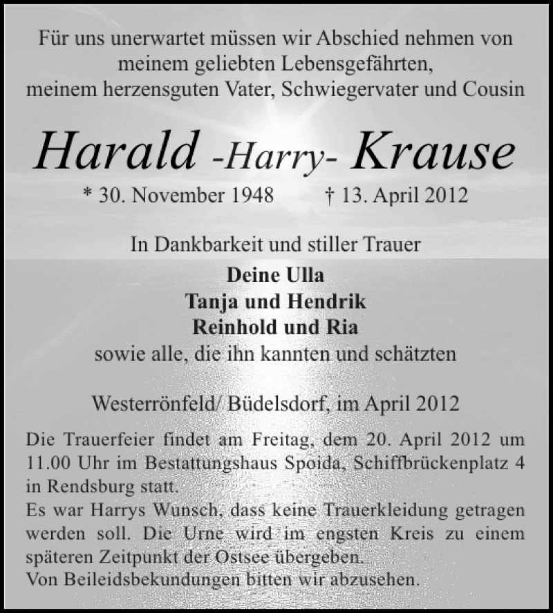  Traueranzeige für Harald Krause vom 17.04.2012 aus Landeszeitung
