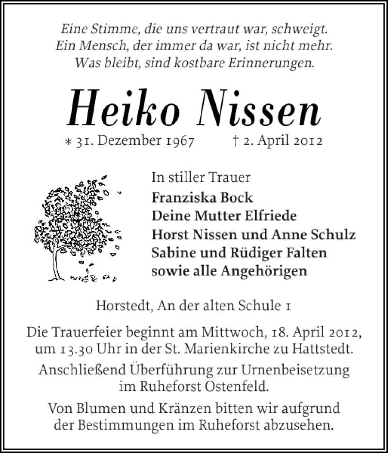  Traueranzeige für Heiko Nissen vom 10.04.2012 aus Husumer Nachrichten