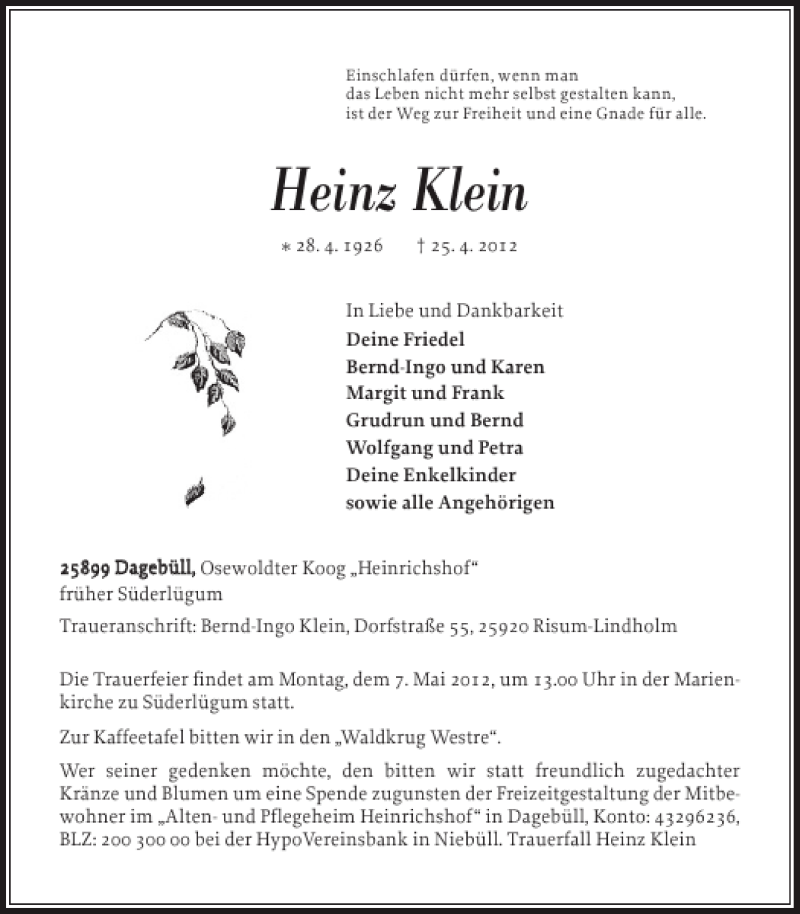  Traueranzeige für Heinz Klein vom 28.04.2012 aus Nordfriesland Tageblatt