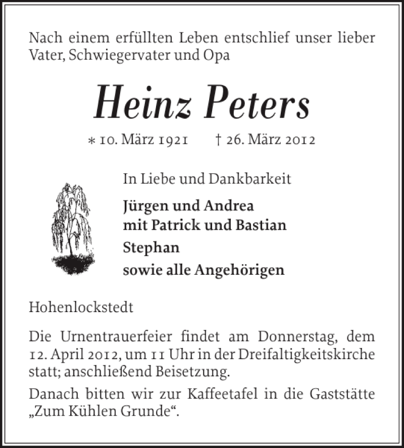  Traueranzeige für Heinz Peters vom 07.04.2012 aus Norddeutsche Rundschau