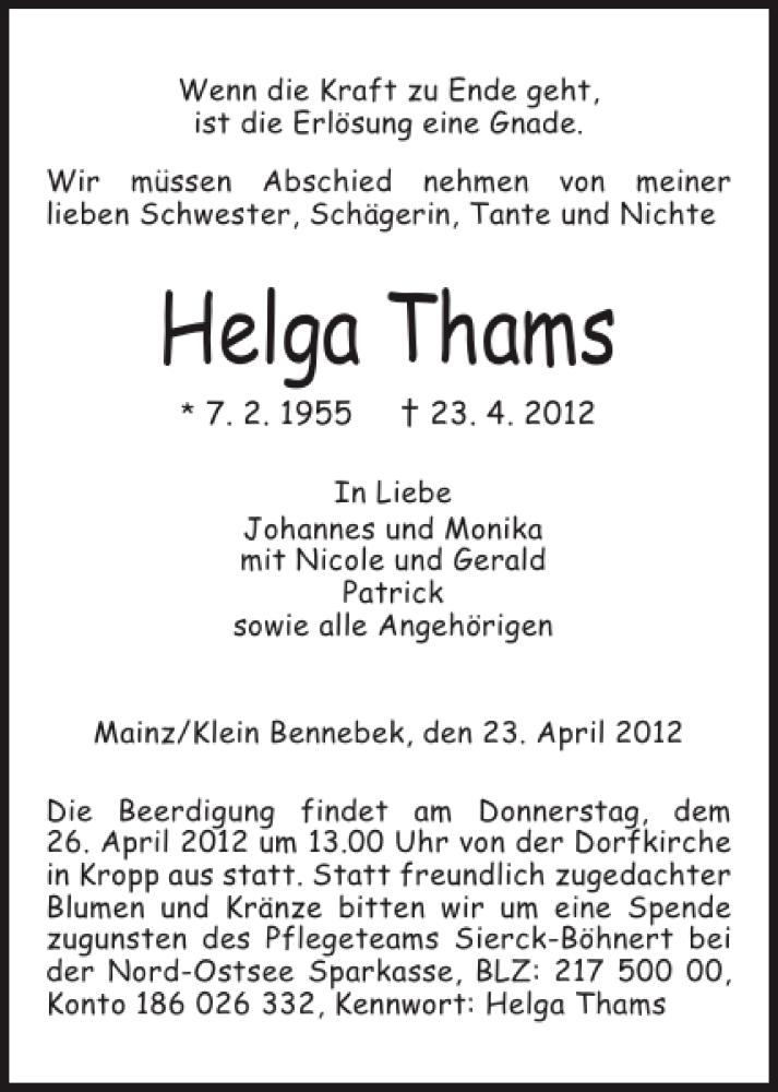 Traueranzeige für Helga Thams vom 25.04.2012 aus Landeszeitung