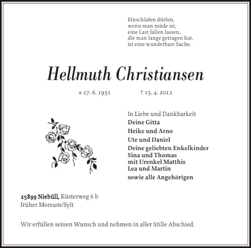  Traueranzeige für Hellmuth Christiansen vom 17.04.2012 aus Nordfriesland Tageblatt