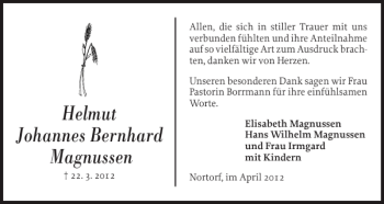 Traueranzeige von Helmut Johannes Bernhard Magnussen von Flensburger Tageblatt