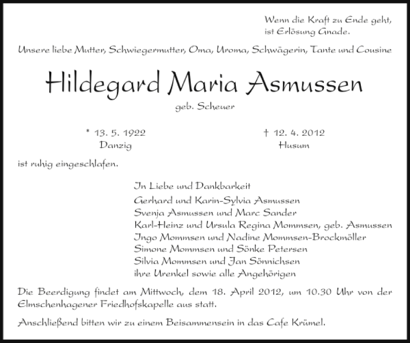  Traueranzeige für Hildegard Maria Asmussen vom 16.04.2012 aus Husumer Nachrichten
