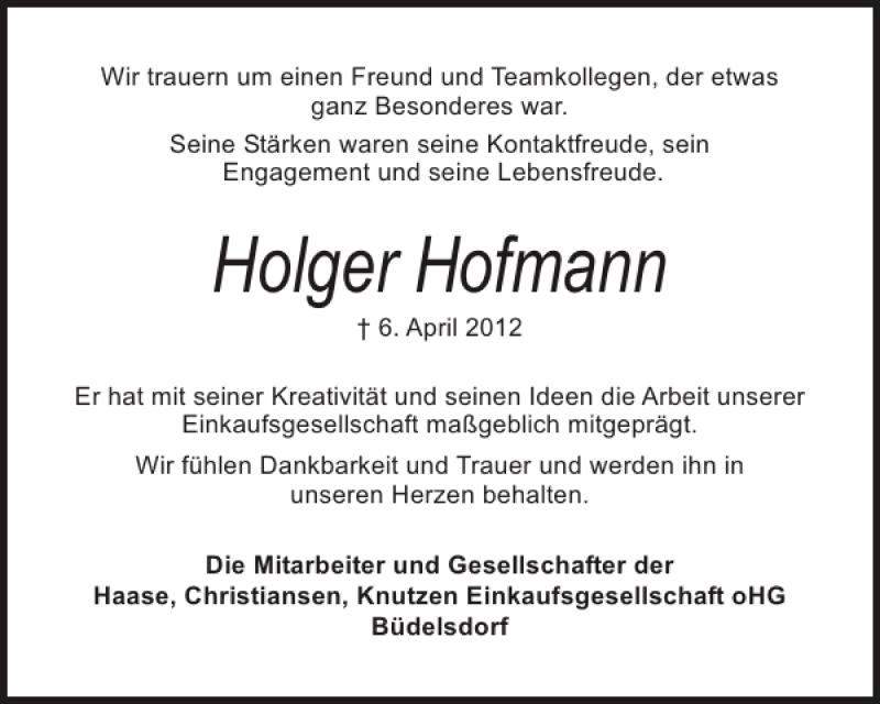  Traueranzeige für Holger Hofmann vom 14.04.2012 aus Landeszeitung