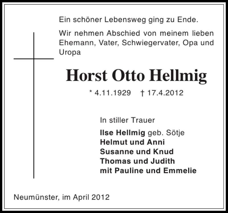 Traueranzeige für Horst Otto Hellmig vom 21.04.2012 aus Holsteinischer Courier