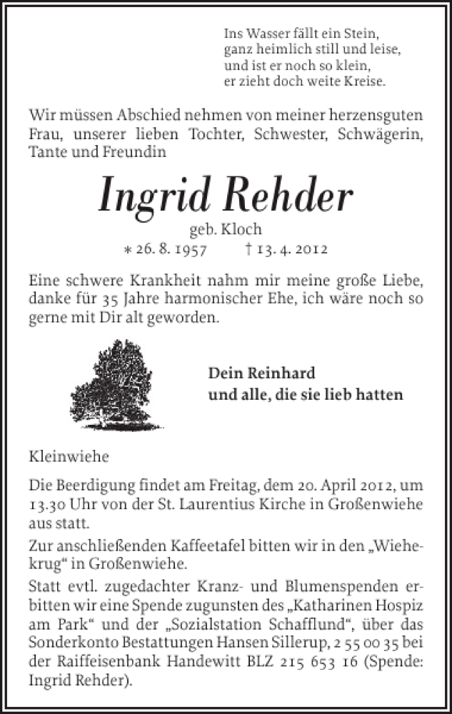  Traueranzeige für Ingrid Rehder vom 16.04.2012 aus Flensburger Tageblatt