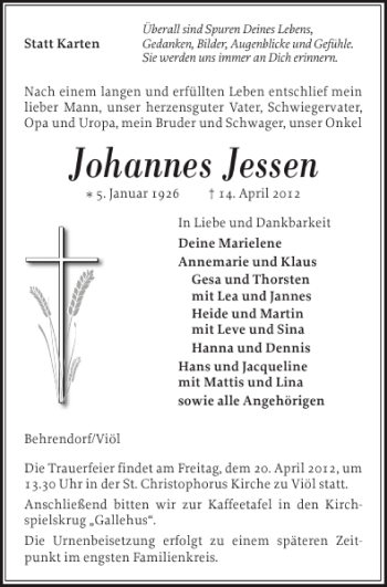 Traueranzeige von Johannes Jessen von Husumer Nachrichten