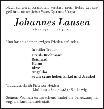 Traueranzeige von Johannes Lausen von Schleswiger Nachrichten
